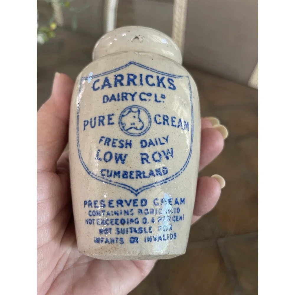 Antique Stoneware Cream Jar Pot Carricks Cumberland Dairy Co England 4.25